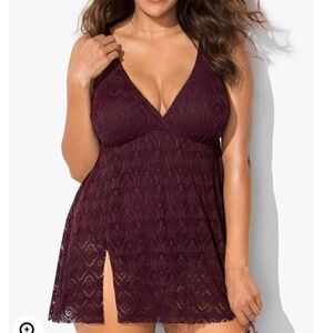 NWT Meet.Curve Burgundy One Piece Swimsuit with lace overlay cover up side slit